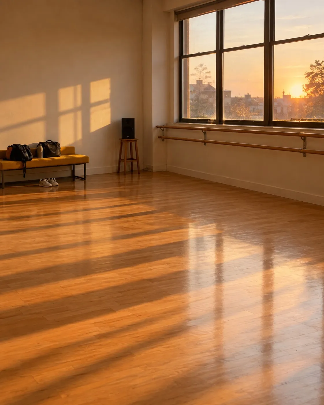 Um estúdio de dança vazio com chão de madeira e luz quente de fim de tarde