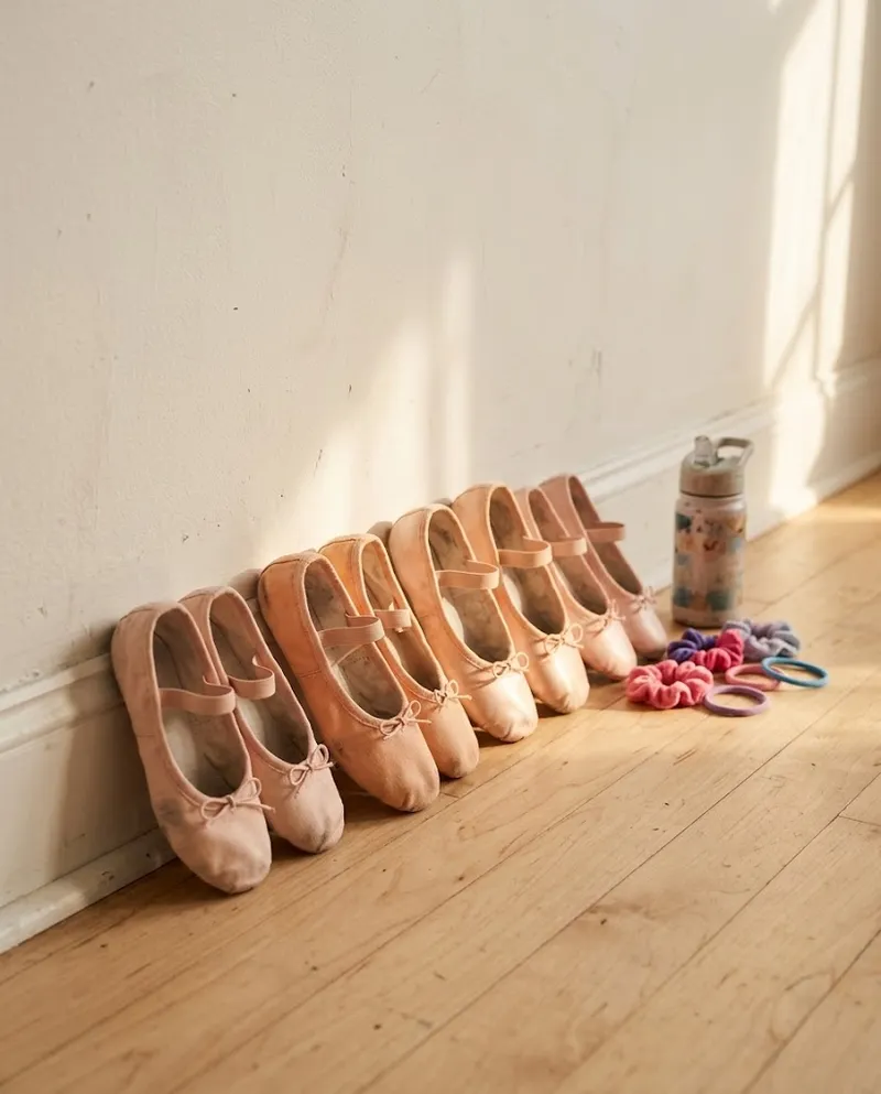 Pequenas sapatilhas de ballet alinhadas junto à parede do estúdio