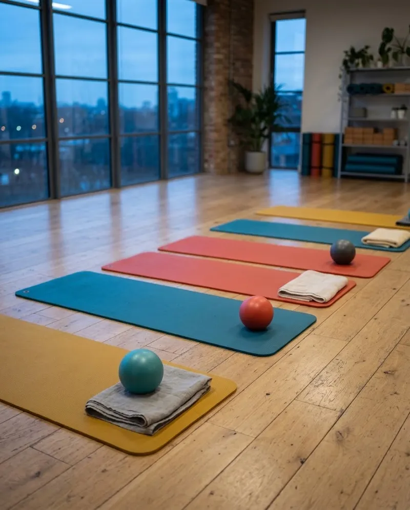 Tapetes de pilates alinhados no estúdio