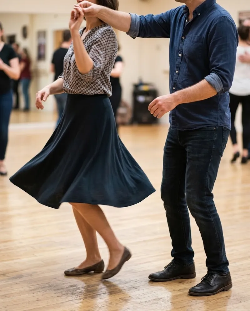 Um casal a meio de uma volta numa aula de salsa