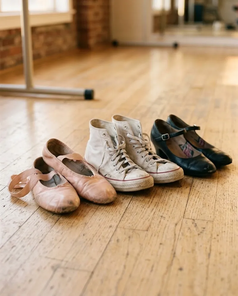 Sapatilhas de ballet e ténis de hip hop lado a lado num chão de madeira