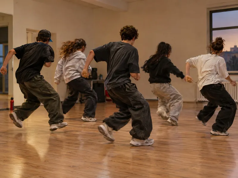 Adolescentes a meio de um movimento numa aula de hip hop