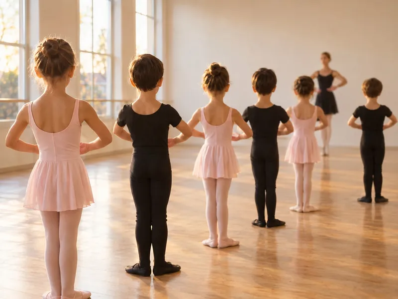 Crianças numa aula de ballet com os braços em primeira posição