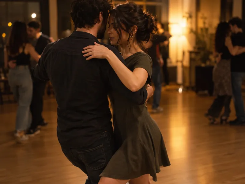 Um casal a dançar bachata num estúdio, ambos com roupa do dia a dia